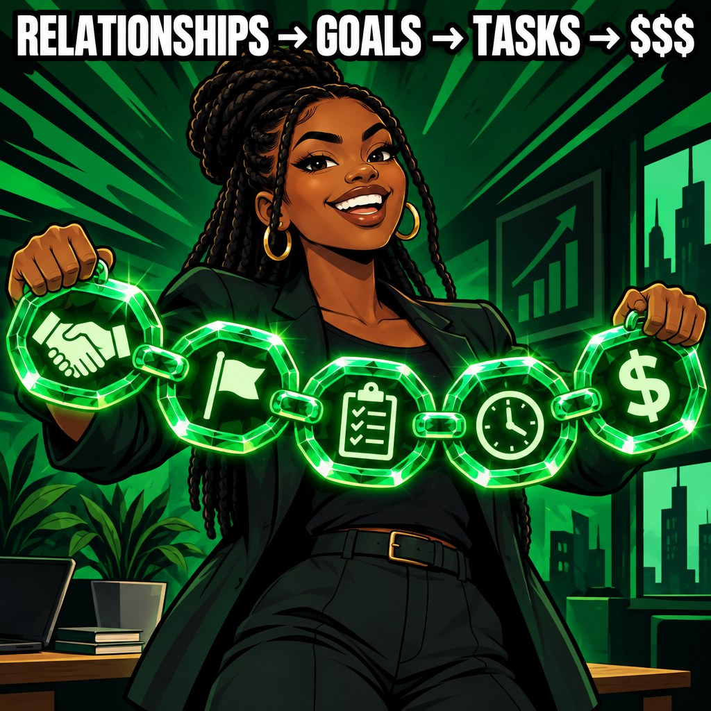 A cartoon chain of glowing emerald links connecting a handshake, a flag, a checklist, a clock, and a dollar sign, held up proudly by a young Black business owner