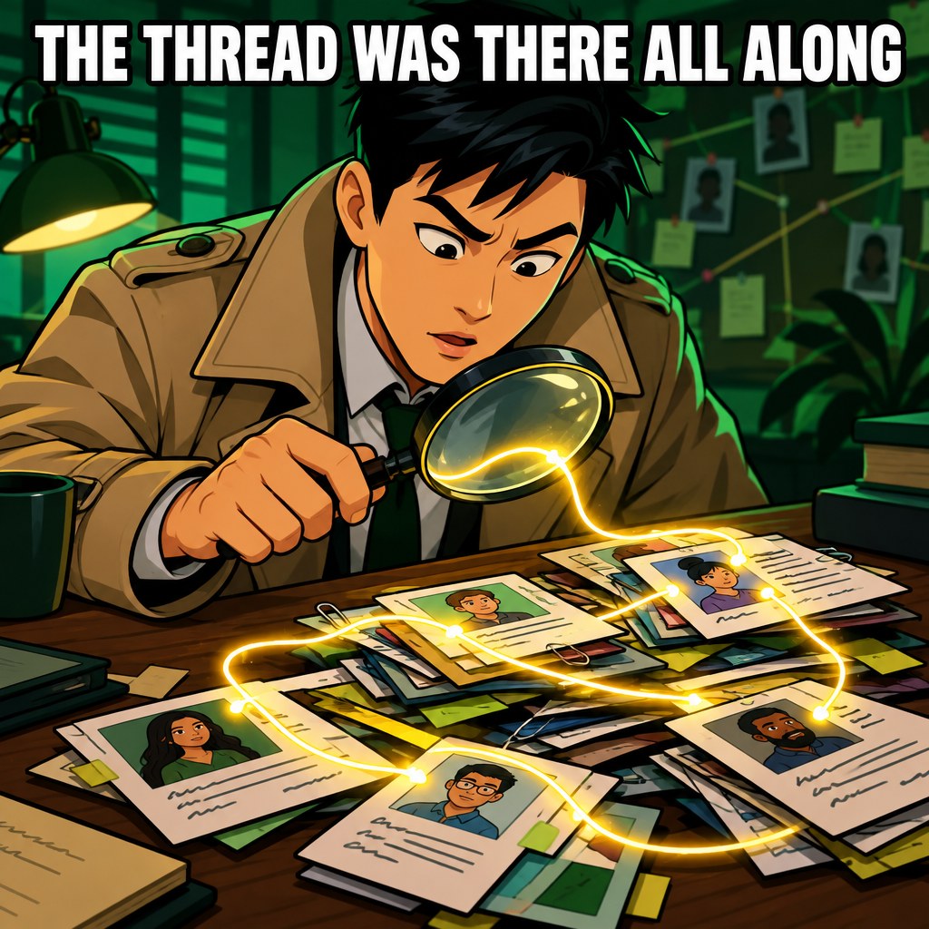 A cartoon detective with a magnifying glass discovering a golden thread connecting a stack of client cards