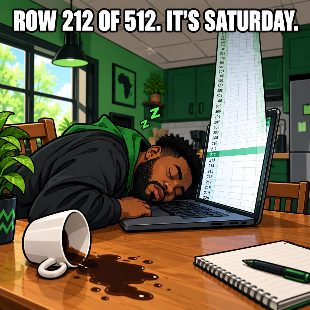 A cartoon contractor asleep face-down on a laptop showing an endless spreadsheet, with a coffee cup tipped over