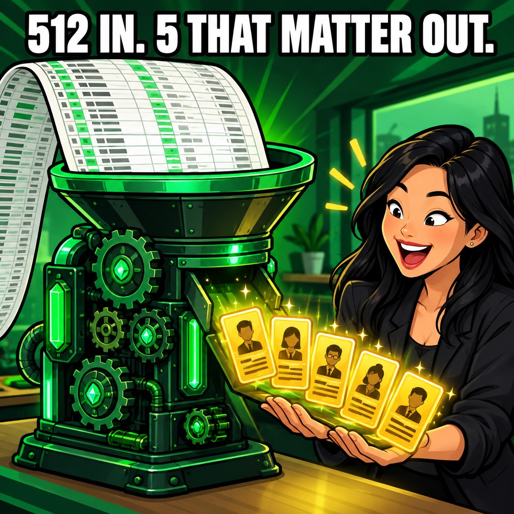 A cartoon funnel machine eating a giant scroll of spreadsheet and spitting out five shiny golden cards