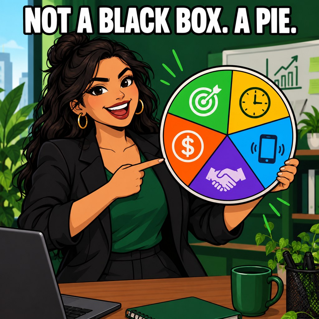 A cartoon score card broken into five colorful labeled slices like a pie, held up proudly by a Latina business owner