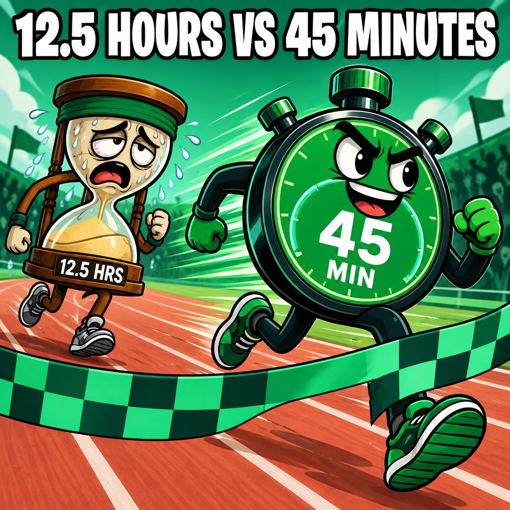 A cartoon stopwatch showing 45 minutes racing past a sad hourglass labeled 12.5 hours