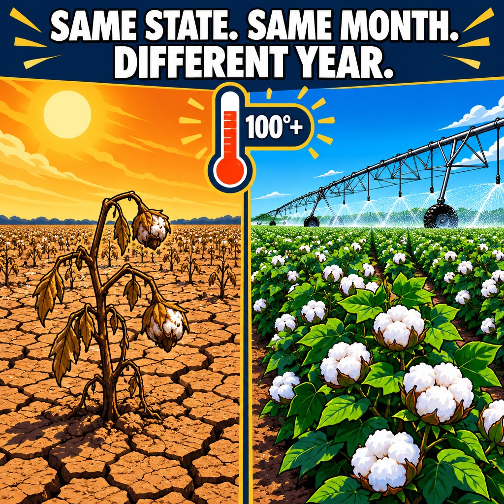 A cracked, sun-baked dryland cotton field on one side of a straight irrigation-pivot track and a lush green irrigated cotton field on the other side, a small thermometer icon reading 100°+ floating above both