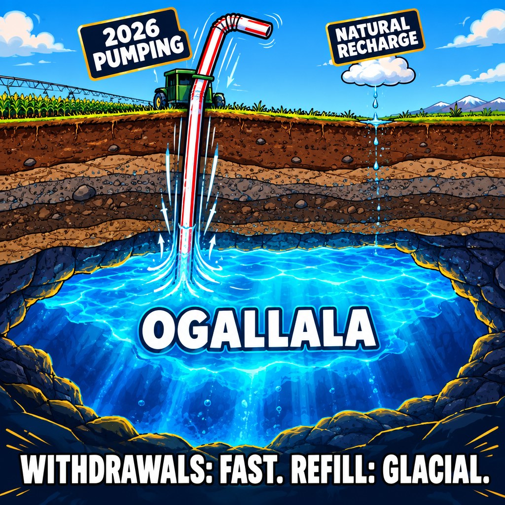 A cartoon cutaway cross-section of the ground showing a massive ancient underground lake labeled OGALLALA (10,000+ years old) with a thin modern-day straw labeled 2026 PUMPING drawing from it much faster than a tiny drip labeled NATURAL RECHARGE refills it