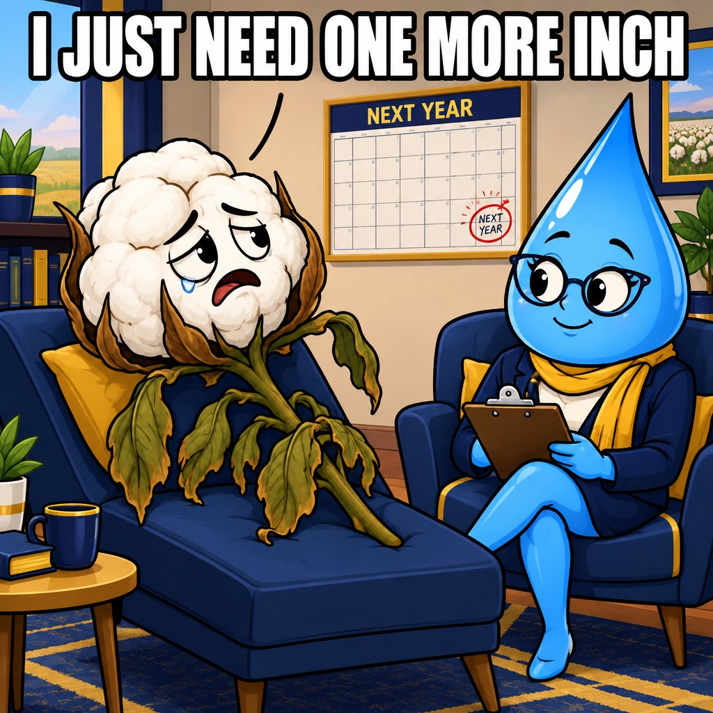 A stressed cotton plant character sits on a therapist's couch talking to a water-drop-shaped therapist, a speech bubble from the plant reading I Just Need One More Inch, a wall calendar behind showing next year circled far in the future