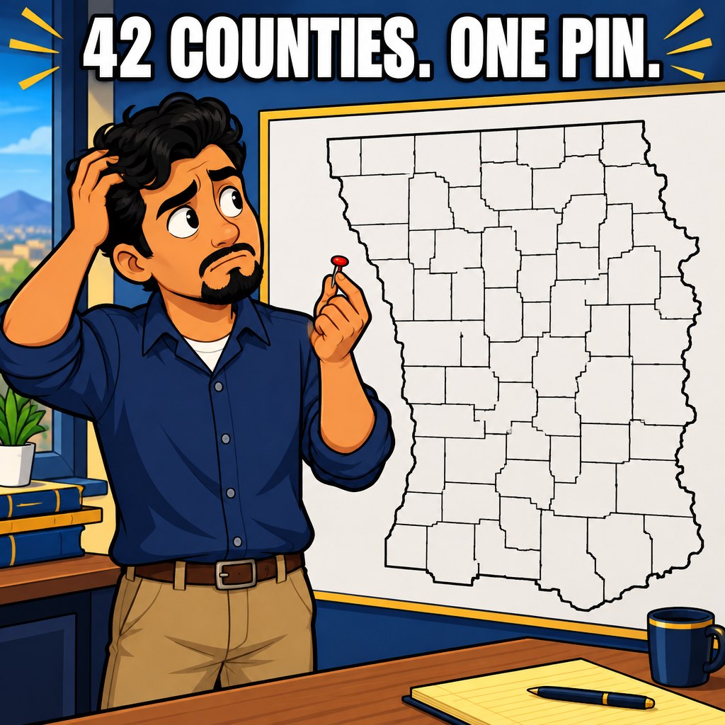 A researcher character stands in front of a giant blank county-outline map of the Texas High Plains holding a single red pushpin, visibly unsure where to place it, a thought bubble reading 42 Counties, 1 Pin