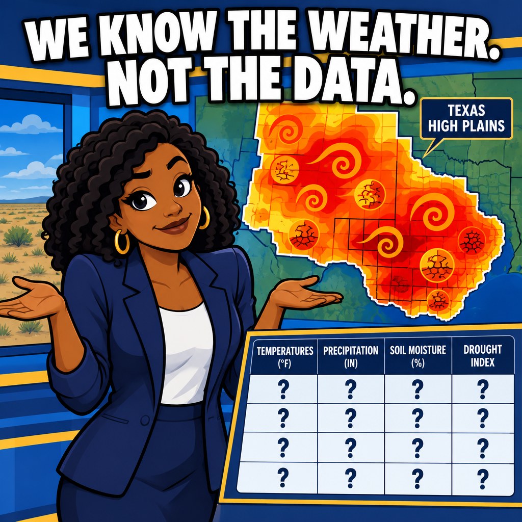 A grain-and-cotton version of a weather map with swirling drought icons over a Texas High Plains outline, a tiny cartoon meteorologist character shrugging at a blank county-data table below the map