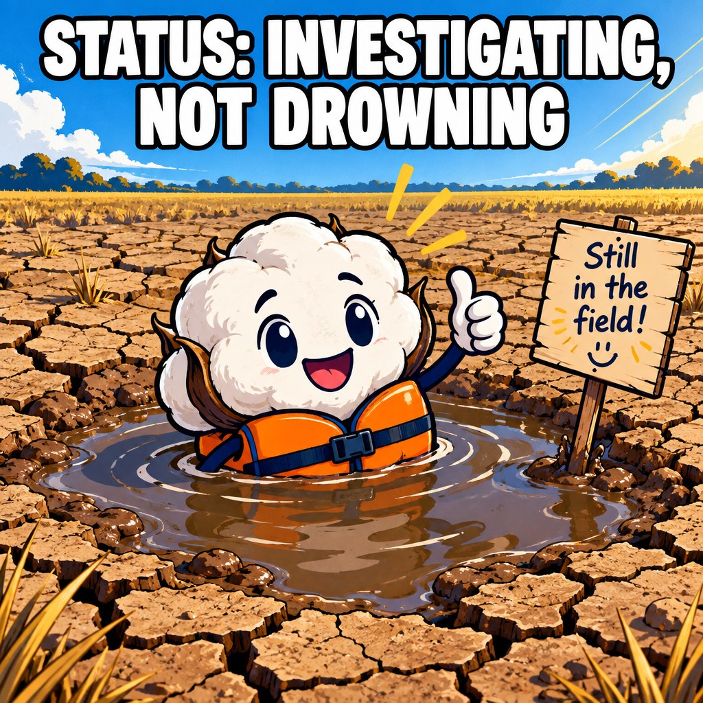 A single cotton boll character wearing a tiny life jacket floats in a shrinking puddle on a cracked field, giving a determined thumbs-up despite the situation, a small sign nearby reading Status: Investigating