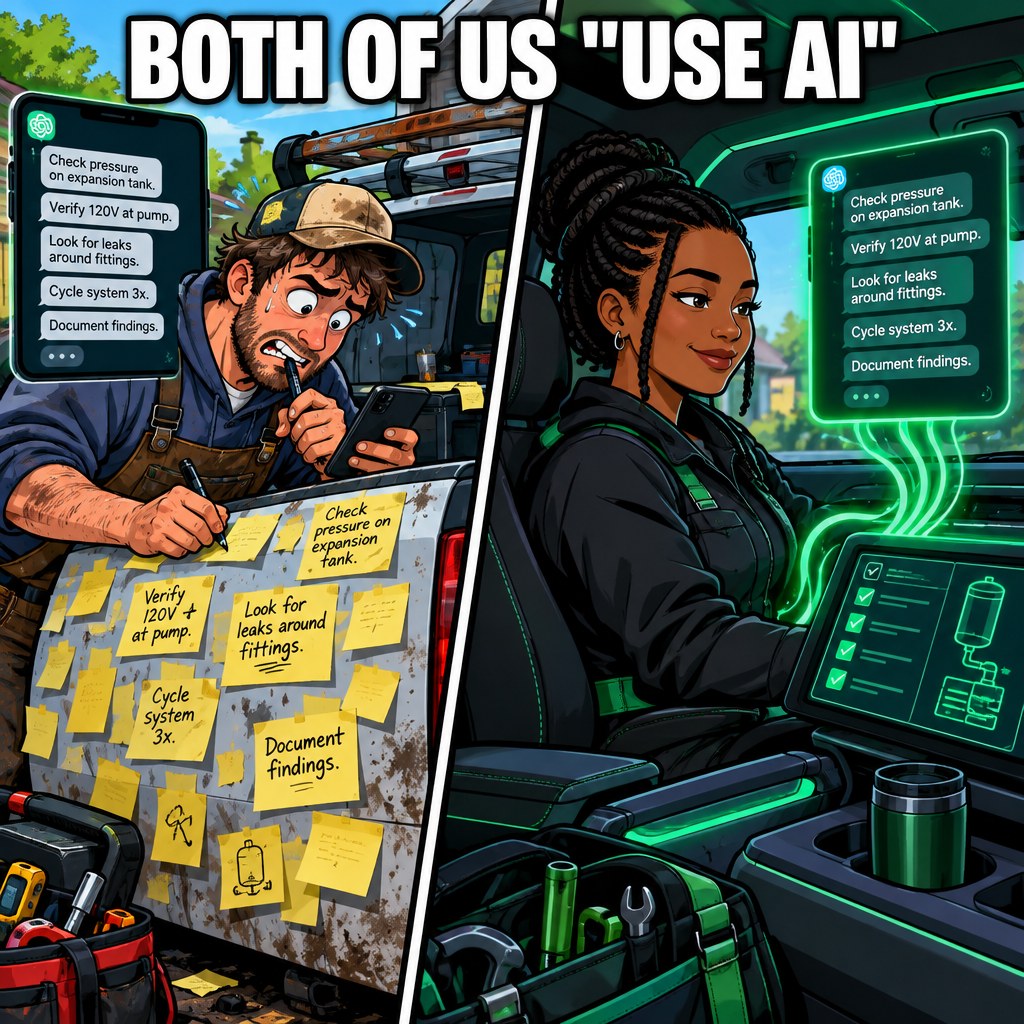 A cartoon split scene: one plumber copying and pasting from a chat window onto sticky notes, the other watching his chat messages flow directly into a glowing organized cockpit