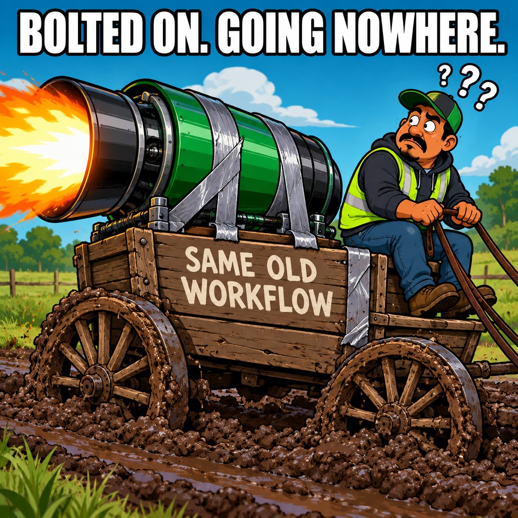 A cartoon rocket engine duct-taped to an old wooden wagon labeled 'same old workflow', going nowhere
