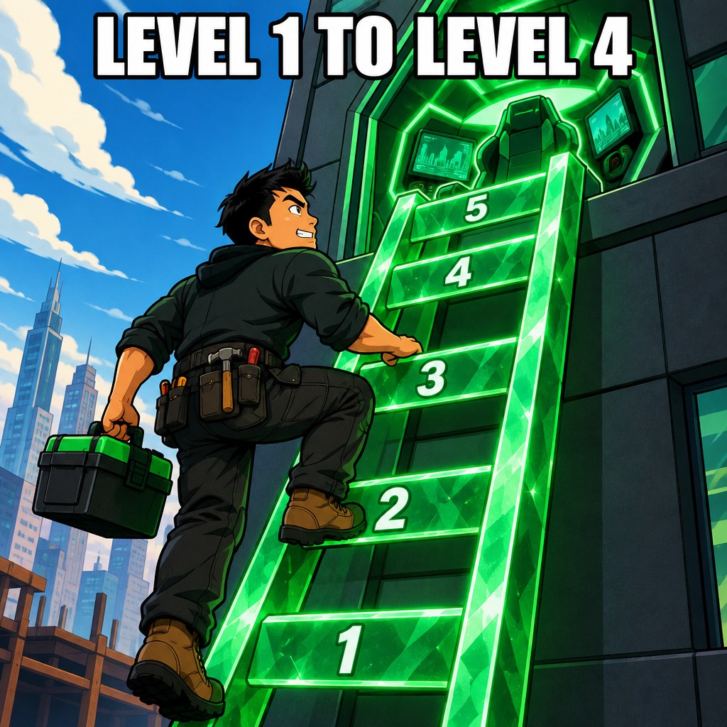 A cartoon ladder with five glowing rungs, a determined Asian American contractor climbing from rung 1 toward rung 4 with a toolbox