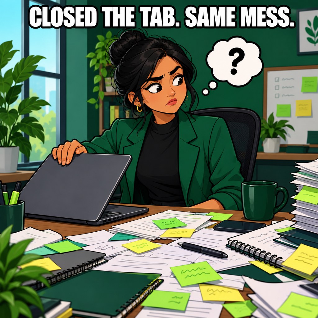A cartoon owner closing a laptop and looking around at a messy desk, with a thought bubble asking 'did anything change?'