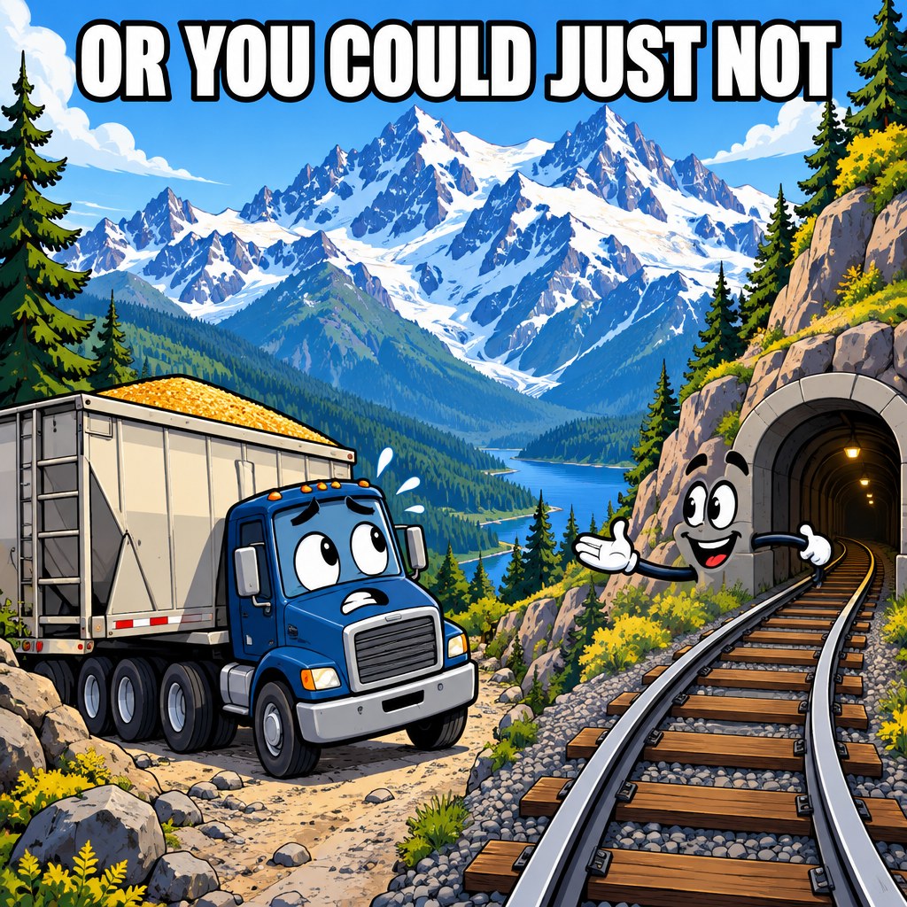 A grain truck stands at the base of a cartoon Cascade mountain range wearing a tiny worried expression, while a train track politely offers a shortcut tunnel, captioned "OR YOU COULD JUST NOT"