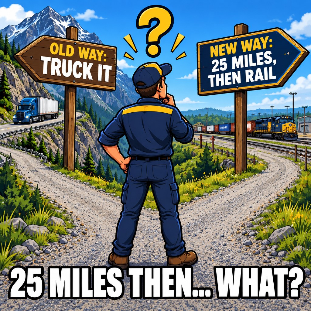 A cartoon shipper stands at a literal fork in a gravel road, one sign pointing over a mountain labeled "OLD WAY: TRUCK IT," one sign pointing to a small rail yard labeled "NEW WAY: 25 MILES, THEN RAIL," a giant question mark hovering over both, captioned "25 MILES THEN... WHAT?"
