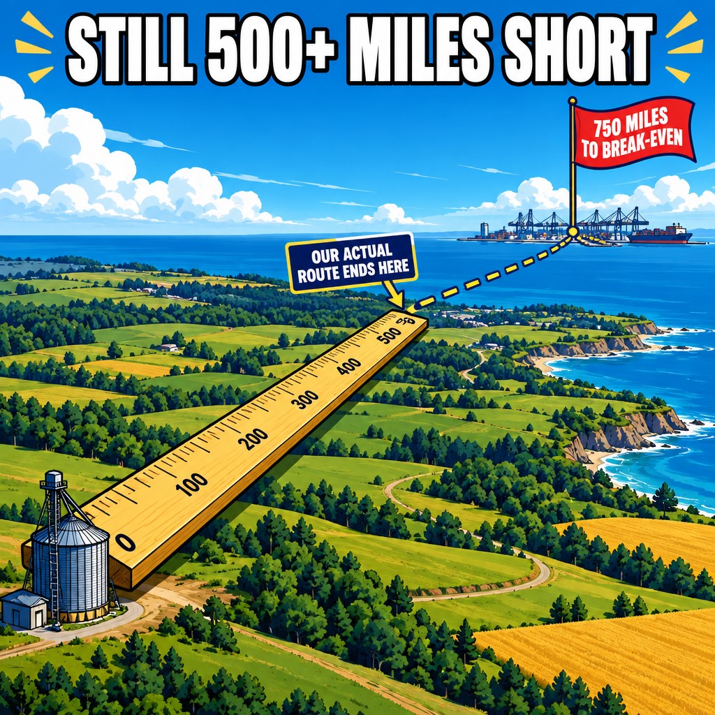 A yardstick stretches from a tiny Wallula grain silo toward a distant coastal port, with a big red "750 MILES TO BREAK-EVEN" marker planted way off in the distance, way past where the actual route ends, captioned "STILL 500+ MILES SHORT"
