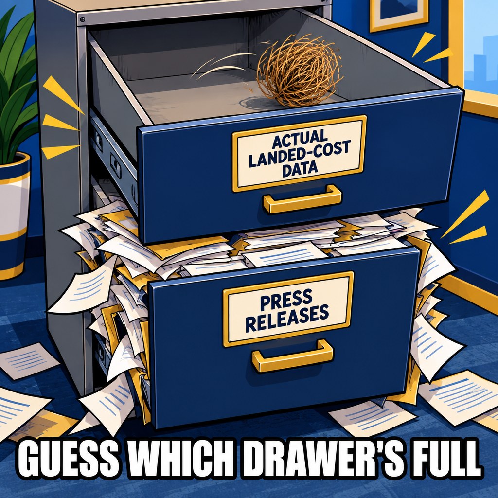 A filing cabinet drawer labeled "MCKAY SEED ACTUAL LANDED-COST DATA" sits completely empty except for a tumbleweed, right next to an overflowing drawer labeled "PRESS RELEASES," captioned "GUESS WHICH DRAWER'S FULL"