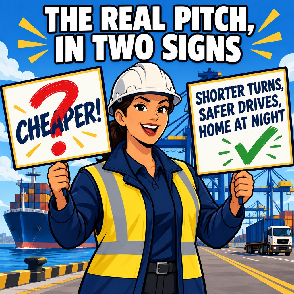 A port authority spokesperson holds two signs: one says "CHEAPER!" with a big question mark scribbled over it, the other says "SHORTER TURNS, SAFER DRIVES, DRIVERS HOME AT NIGHT" with a confident checkmark, captioned "THE REAL PITCH, IN TWO SIGNS"