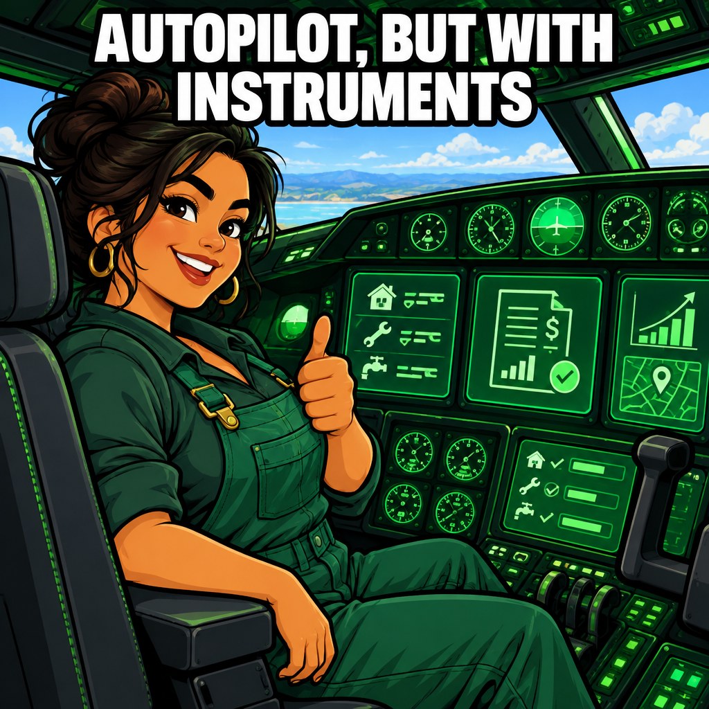 A cartoon airplane cockpit full of glowing gauges, with a plumber in the pilot's seat giving a thumbs up