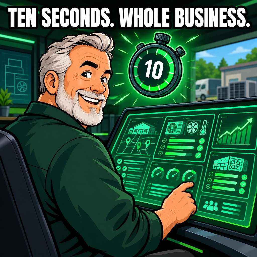 A cartoon owner happily scanning a wide emerald cockpit screen in ten seconds while a stopwatch floats beside him