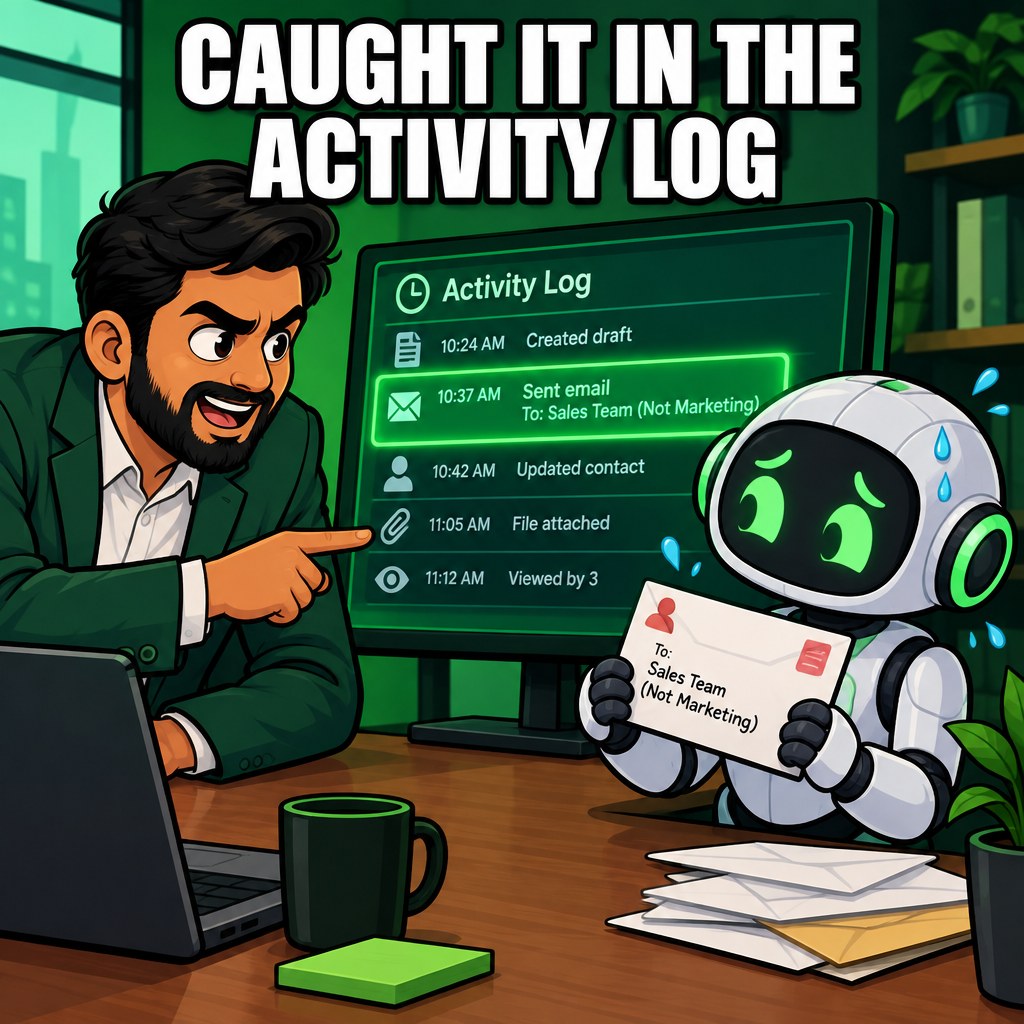 A cartoon owner confidently catching a small robot mid-mistake on a glowing activity log, the robot sheepishly saying oops