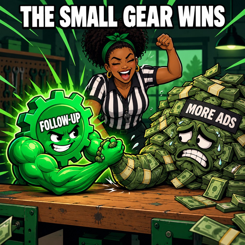 A cartoon buff follow-up gear beating a pile of ad money at arm wrestling
