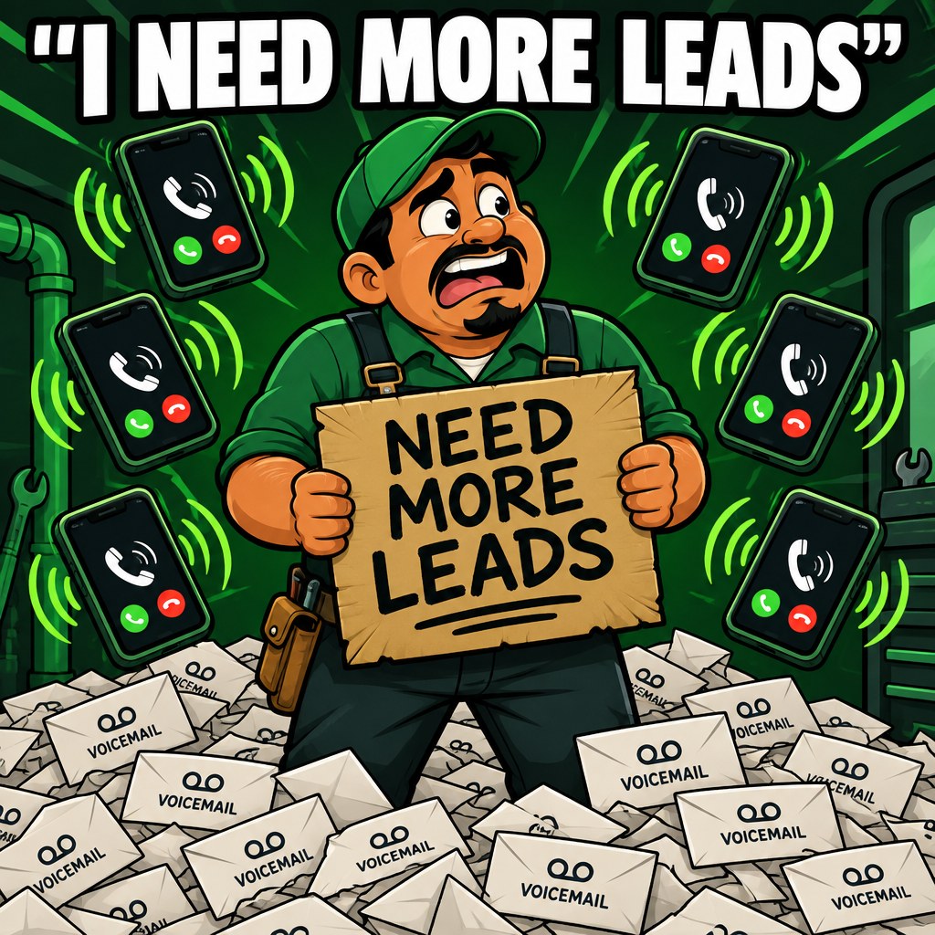 A cartoon contractor surrounded by ringing phones and unopened voicemails, holding a sign that says 'need more leads'