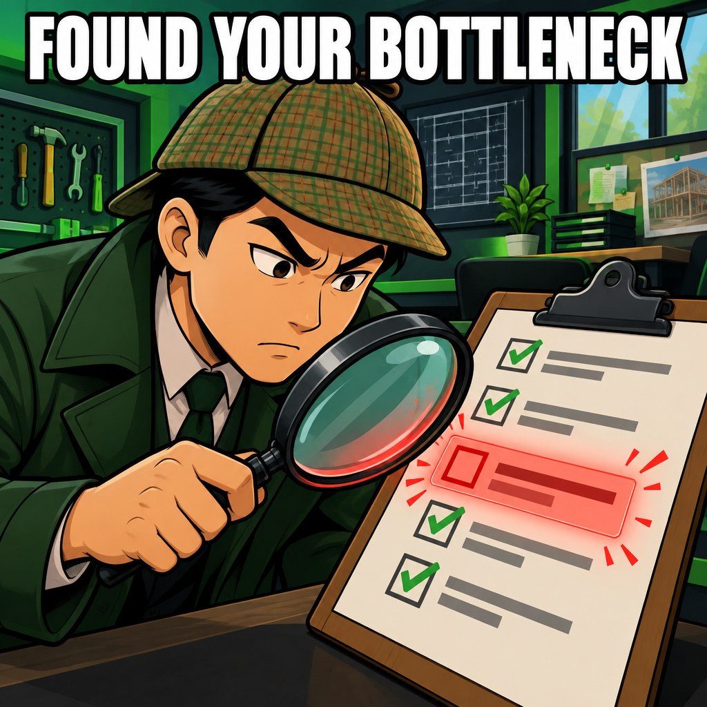 A cartoon detective pointing a magnifying glass at the third row of a checklist on a clipboard, which glows red
