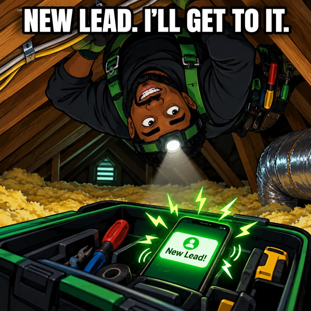 A cartoon electrician's phone buzzing in a toolbox while he's upside down in an attic