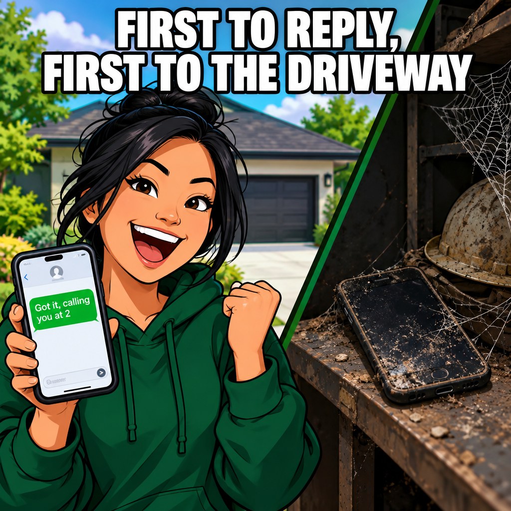 A cartoon homeowner smiling at a phone that says 'Got it, calling you at 2' while a rival's phone sits silent