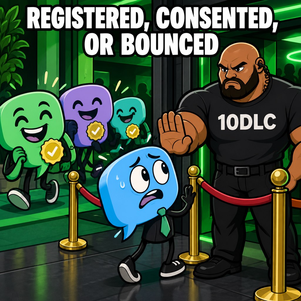 A cartoon text message wearing a tiny tie getting stopped at a velvet rope by a bouncer labeled 10DLC