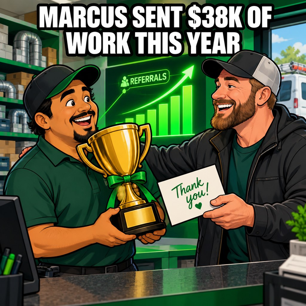 A cartoon supply-house counter guy receiving a referral trophy from a grateful contractor