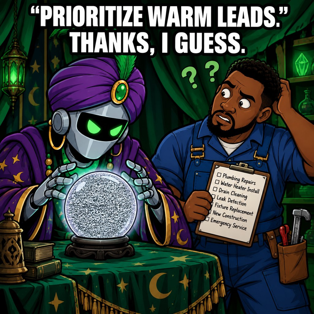 A cartoon robot fortune-teller giving vague advice to a confused plumber while a crystal ball shows static
