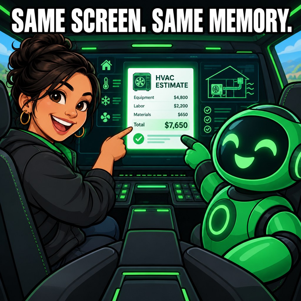 A cartoon plumber and a friendly glowing robot looking at the same emerald cockpit screen, both pointing at the same card