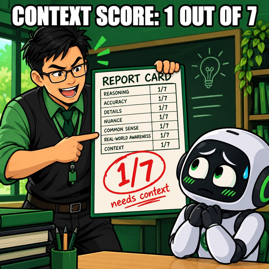 A cartoon report card for an AI showing a zero and a friendly teacher-contractor writing 'needs context' on it