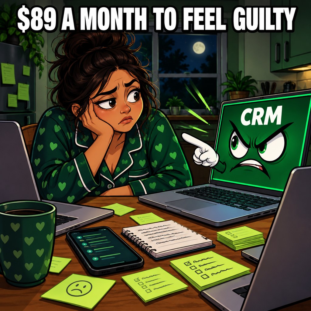 A cartoon business owner at a kitchen table at night, surrounded by laptops, with the CRM screen glowing guiltily