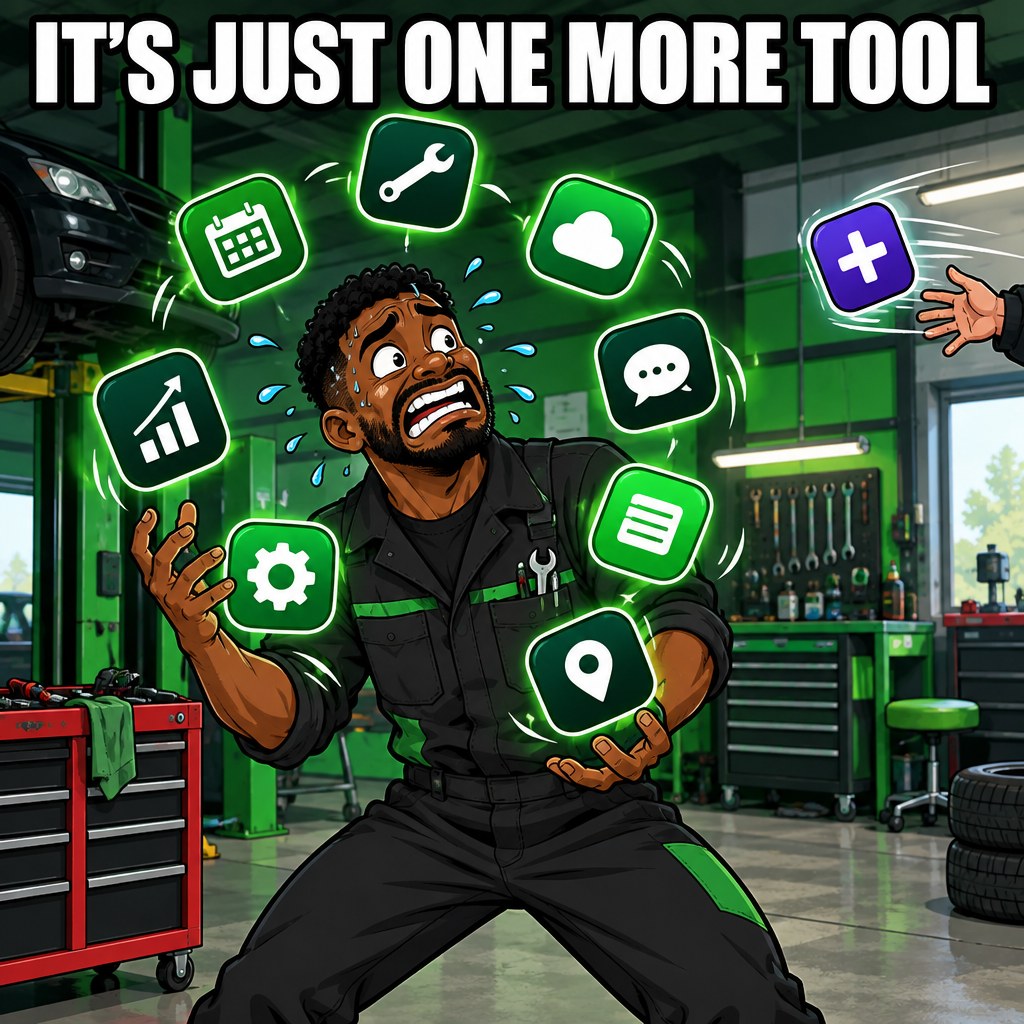 A cartoon juggler-mechanic juggling eight glowing app icons while a ninth is tossed in from offstage