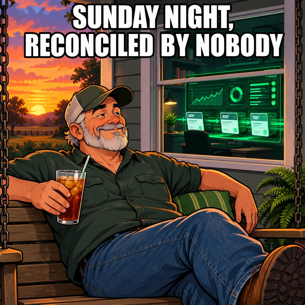 A cartoon owner relaxing on a porch Sunday evening while a glowing emerald dashboard quietly updates itself through the window