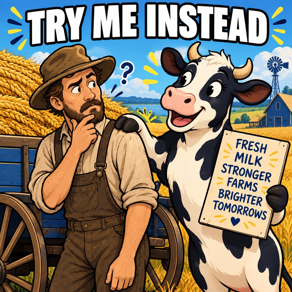 A sepia-toned 1890s Wisconsin farmer stares confused at a wagon of wheat while a cartoon dairy cow taps him on the shoulder holding a sign, captioned "TRY ME INSTEAD"