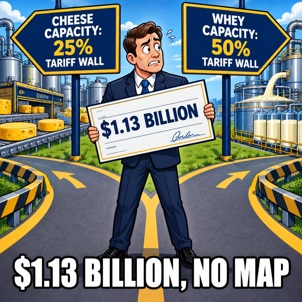 A processor executive stands at a fork in the road, one sign pointing to "CHEESE CAPACITY (25% TARIFF WALL)" and one to "WHEY CAPACITY (50% TARIFF WALL)," holding a $1.13 billion check but no map, captioned "$1.13 BILLION, NO MAP"