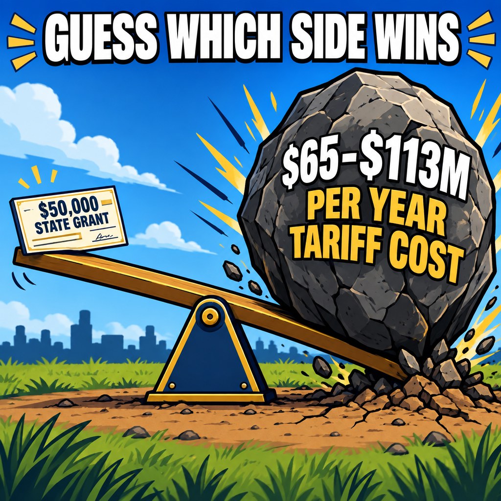 A tiny state grant check for $50,000 tries to hold up one end of a see-saw while a giant "$65-$113M PER YEAR" tariff weight sits on the other end, barely budging, captioned "GUESS WHICH SIDE WINS"