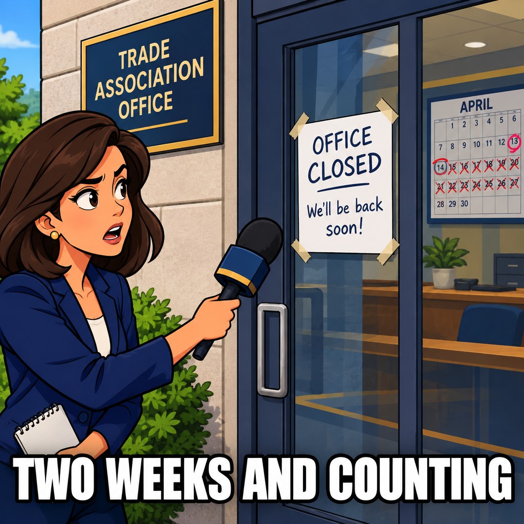 A reporter holds a microphone up to a Wisconsin Cheese Makers Association building, but the building just has a "NO COMMENT YET — TOO SOON" sign taped to the door, two weeks visible on a wall calendar since the tariff date, captioned "TWO WEEKS AND COUNTING"
