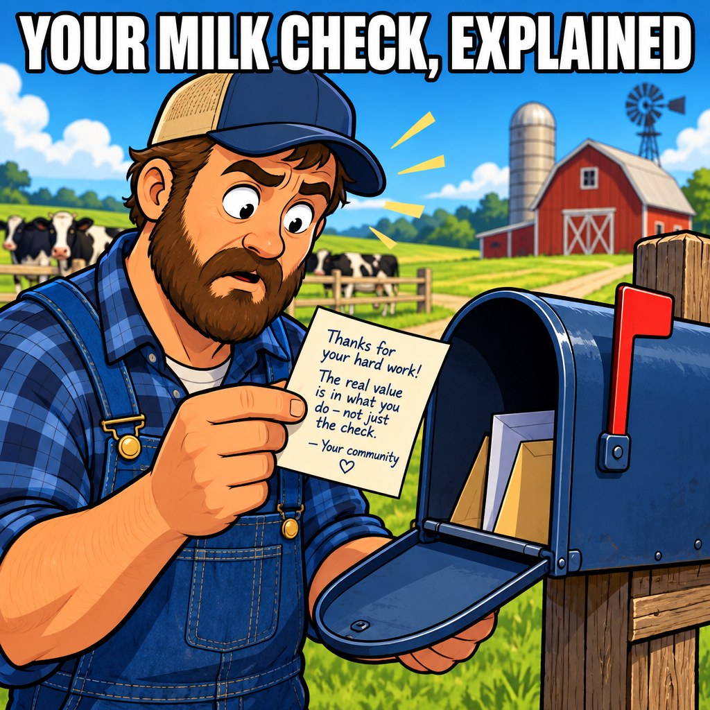 A dairy farmer checks the mailbox for a milk check, and instead finds a small note reading "MINUS $0.20 TO $0.35/CWT, SEE UW EXTENSION FOR DETAILS," captioned "YOUR MILK CHECK, EXPLAINED"