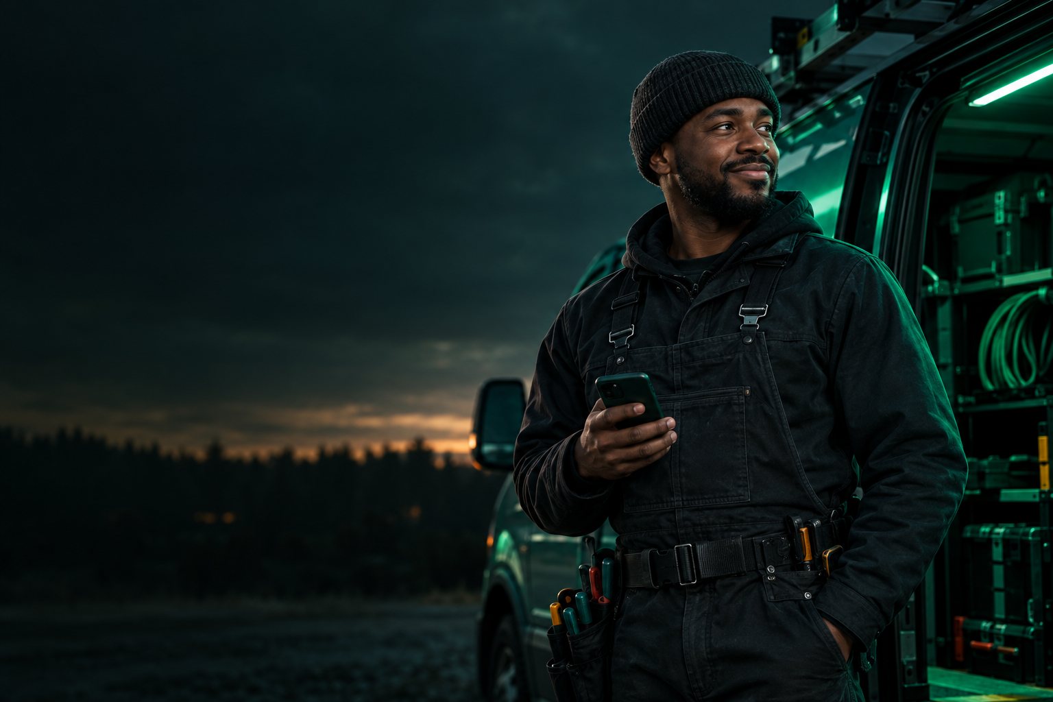 An electrician beside a service van, checking a phone