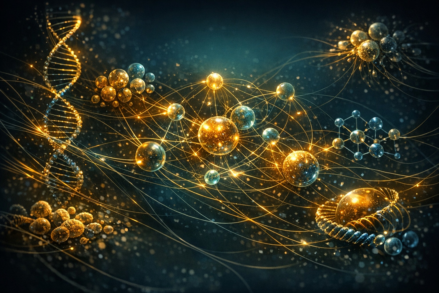 An interconnected network showing genotype, environment, stress, nutrients, and chromatin state as part of one regulatory field.