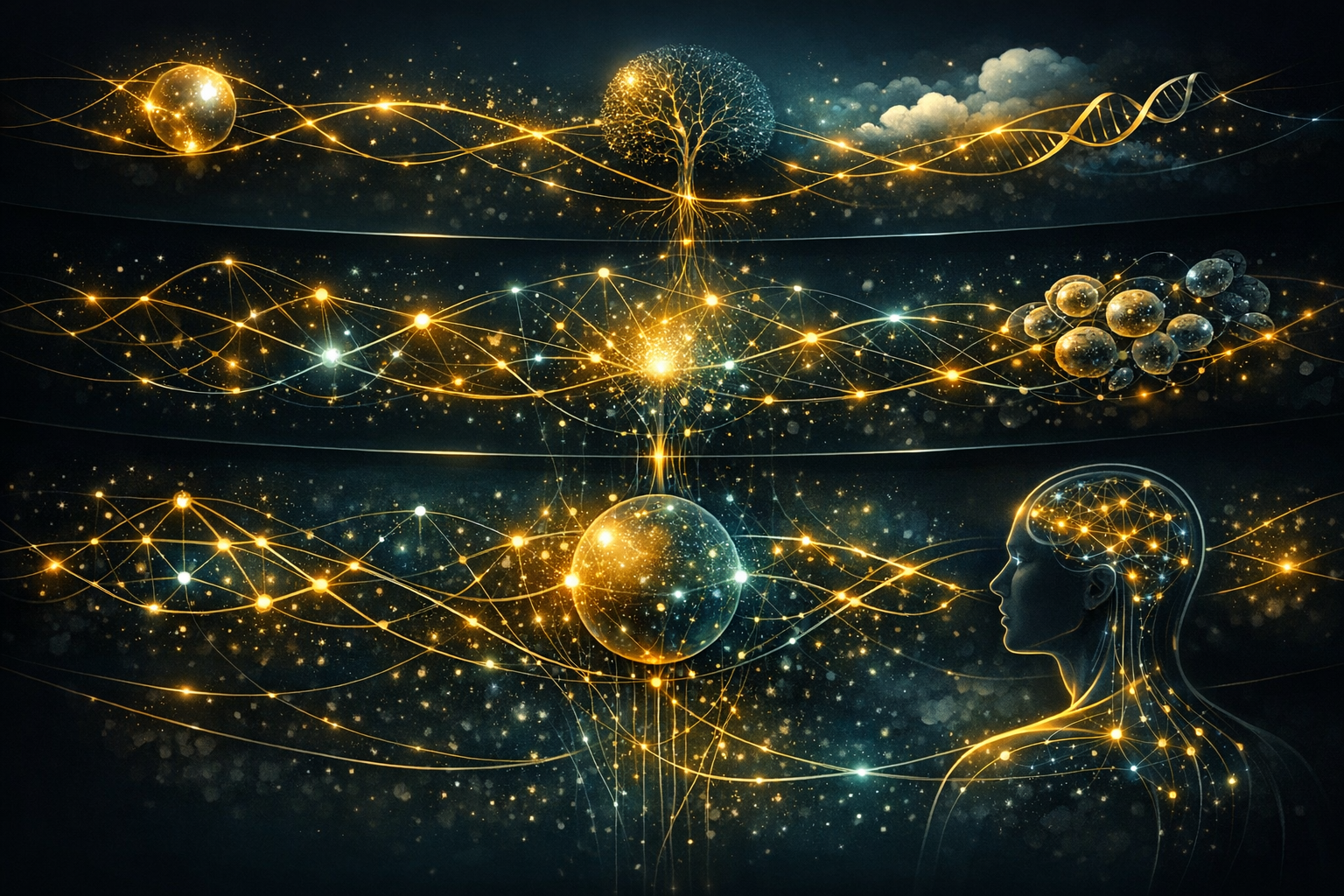 A widescreen layered node map showing environment flowing into epigenetic state, memory, and human output.
