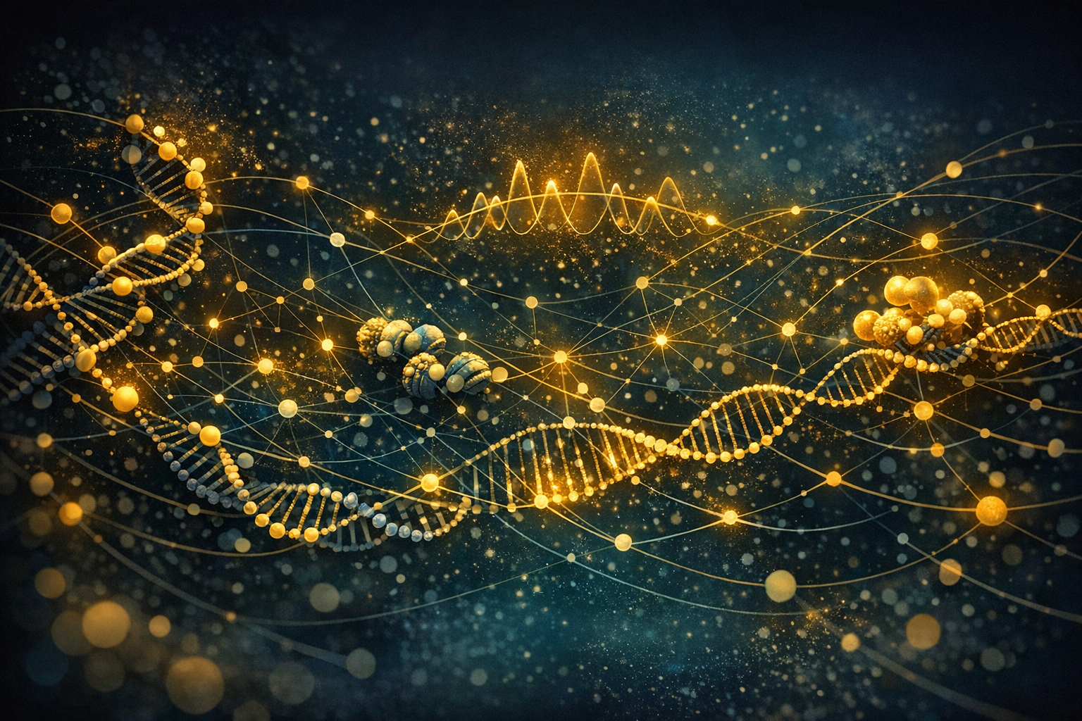A wide professional graph illustration showing methylation, chromatin accessibility, and regulatory routing as interconnected node layers.
