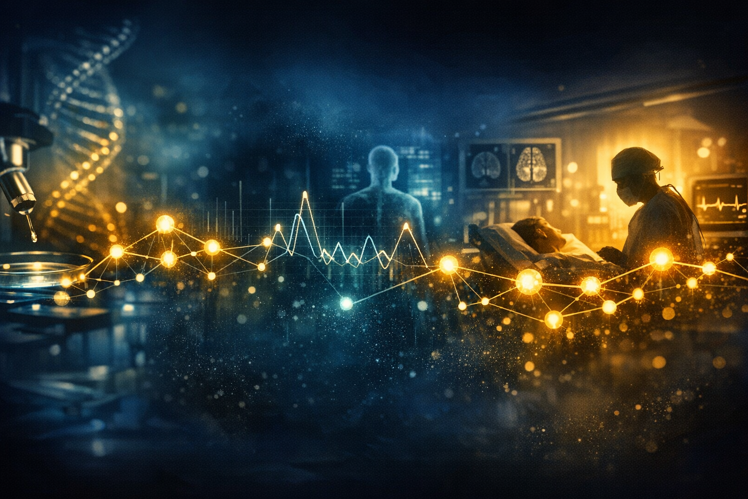 A cinematic research timeline visualization with connected nodes representing discovery, intervention, and translational leverage.